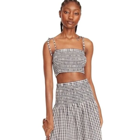 J Crew Shirt‎ Women Small Navy Blue White Cotton Gingham Smocked Cropped Top - Picture 1 of 9